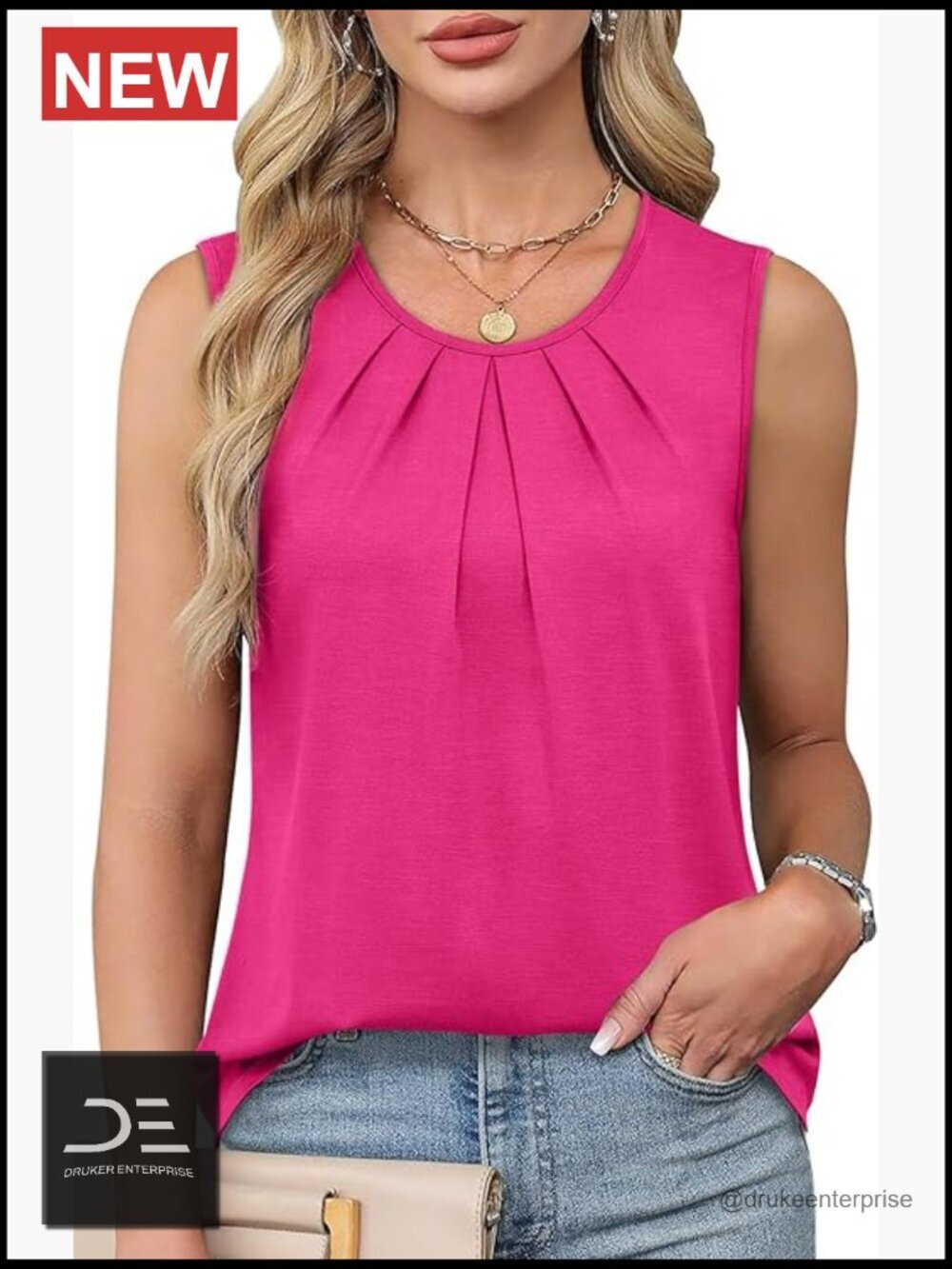 Flowy Pleated Front Tank Top Business Casual Sleeveless Loose Fit Tunic